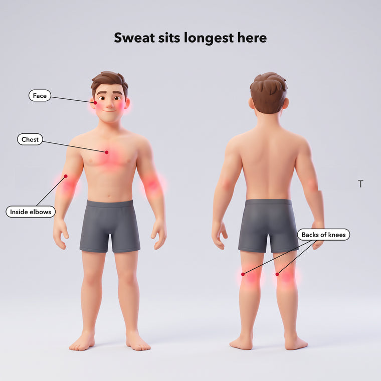 Body map highlighting the face, chest, inside elbows and backs of knees
