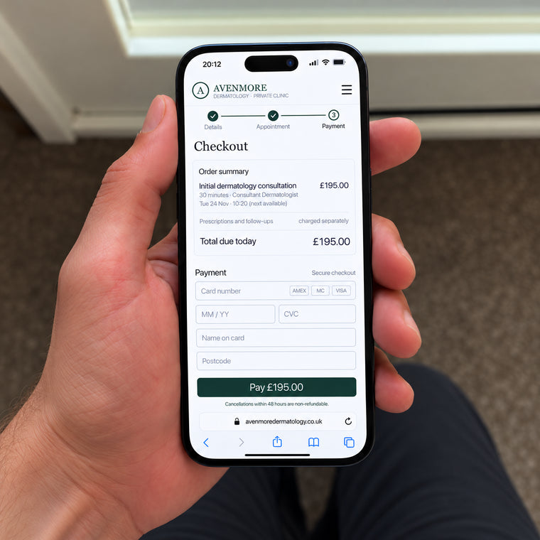 A phone showing a private dermatology clinic checkout charging £195 for an initial consultation.