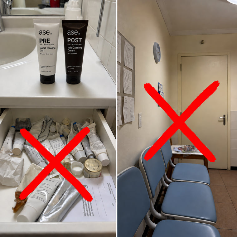 ASE PRE and POST tubes above a drawer of creams, alongside clinic waiting chairs marked with red crosses