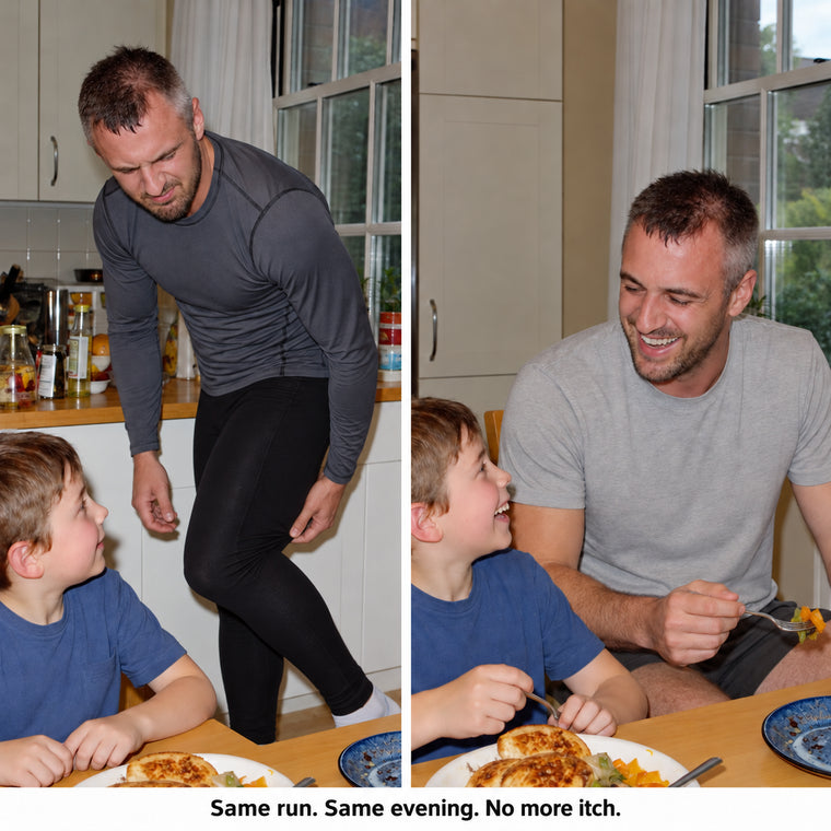 A man after a run scratching his leg, beside the same man smiling with his son at the kitchen table. Same run. Same evening. No more itch.