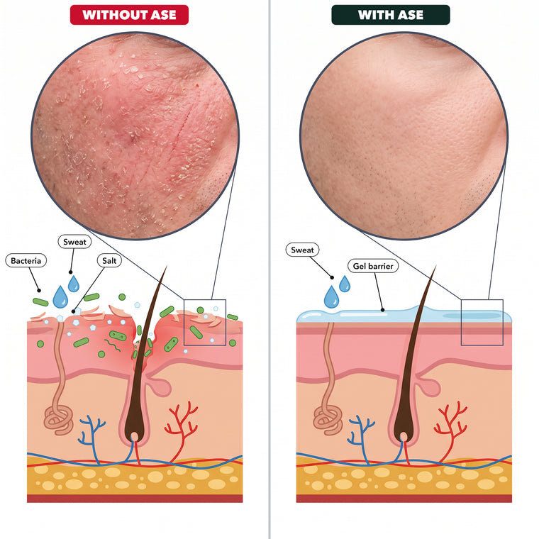 Without ASE and With ASE skin diagram showing sweat, salt and a gel layer